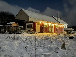 Tiny House Anneliese abends im Winter mit Lichterkette